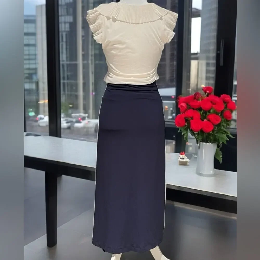 NEW Michael Kors Hi Low Asymmetrical Gathered Waterfall Jersey Skirt Navy XS NWT - Picture 4 of 16